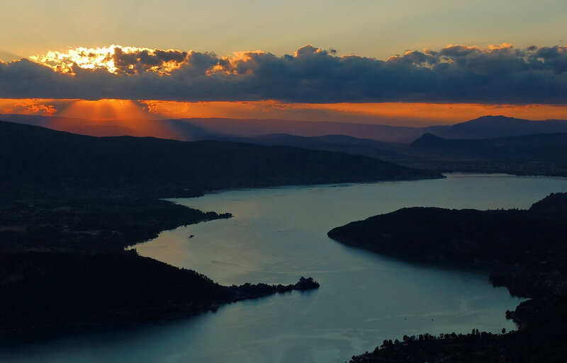 Sunset over Lake and Mountains — Orange, Dramatic, Photograph, Clouds