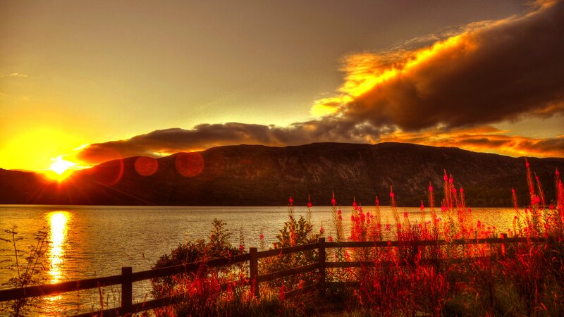 Sunset over Lake and Mountains — Orange, Dramatic, Photograph, Flowers