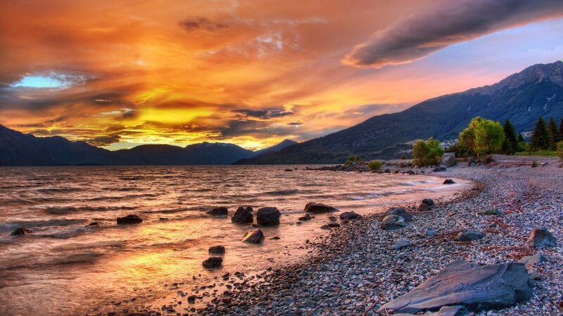 Sunset over Lake and Mountains — Orange, Dramatic, Photograph, Pebble Beach