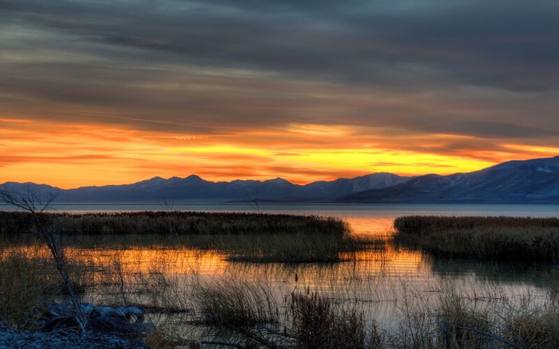 Sunset over Lake and Mountains — Orange, Dramatic, Photograph, Reeds