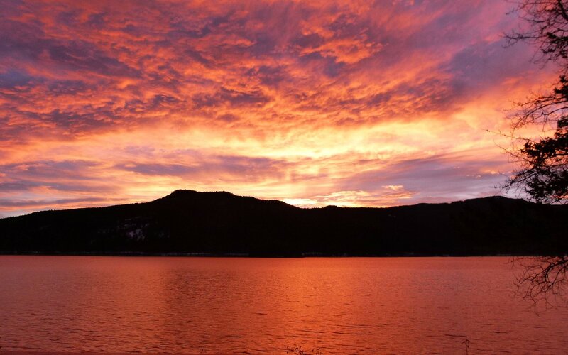 Sunset over Lake and Mountains — Orange, Dramatic, Photograph