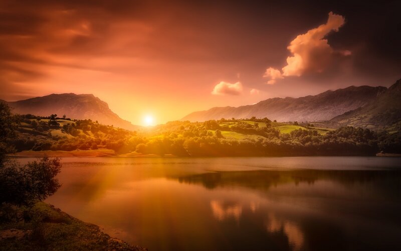 Sunset over Lake and Mountains — Orange, Dramatic, Photograph, Trees