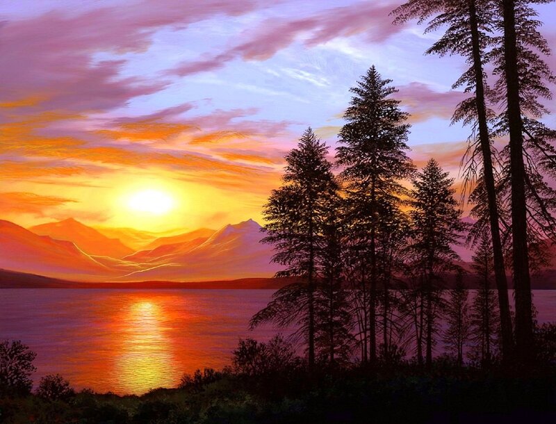 Sunset over Lake and Mountains — Orange, Serene, Painting