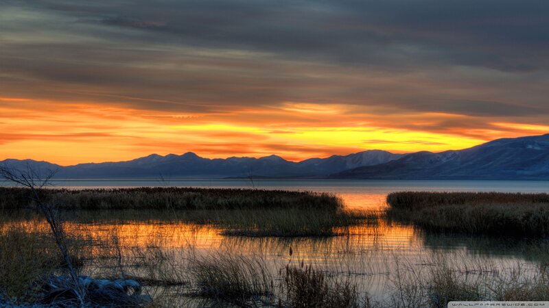 Sunset over Lake and Mountains — Orange, Serene, Photograph, Reeds