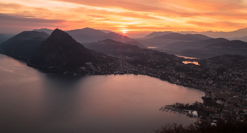 Sunset over Lake and Mountains — Orange, Serene, Photograph, Town