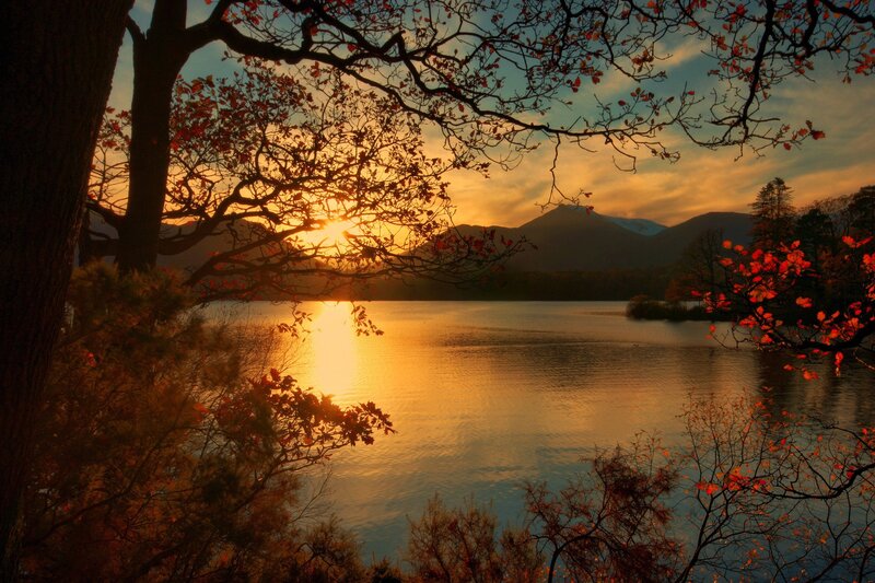 Sunset over Lake and Mountains — Orange, Serene, Photograph, Trees, Blue, Brown
