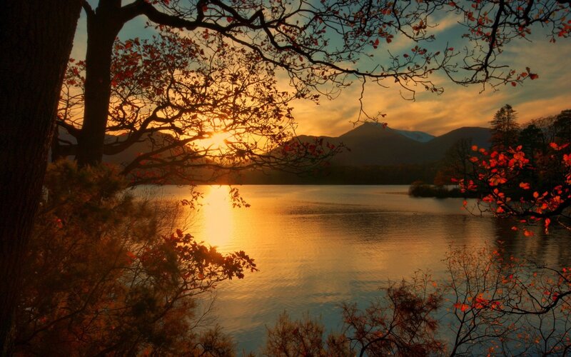 Sunset over Lake and Mountains — Orange, Serene, Photograph, Trees