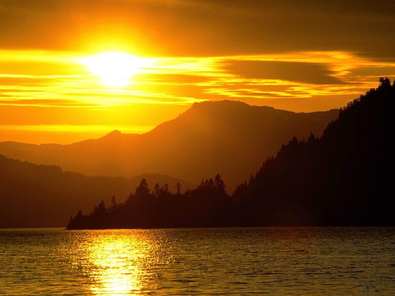 Sunset over Lake and Mountains — Orange, Serene, Photograph, Trees, Yellow, Black