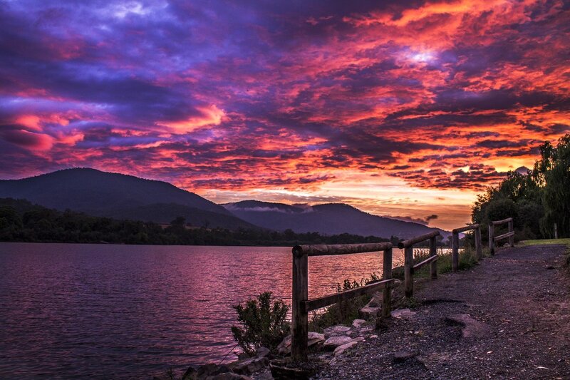 Sunset over Lake and Mountains — Purple, Dramatic, Photograph