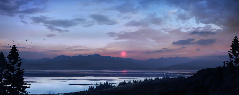 Sunset over Lake and Mountains — Purple, Serene, Digital Art, Birds