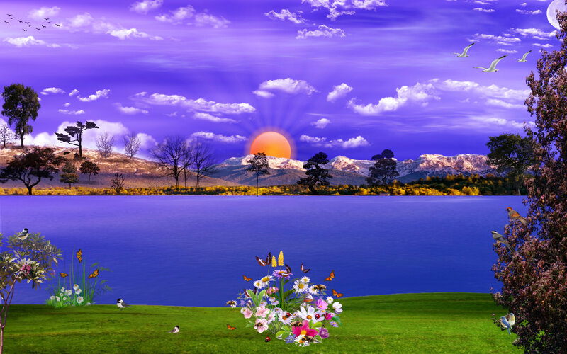 Sunset over Lake and Mountains — Purple, Serene, Digital Art