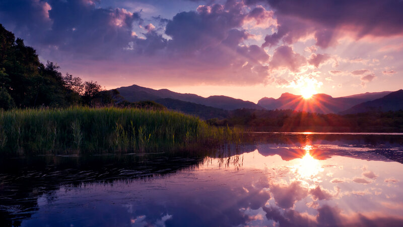 Sunset over Lake and Mountains — Purple, Serene