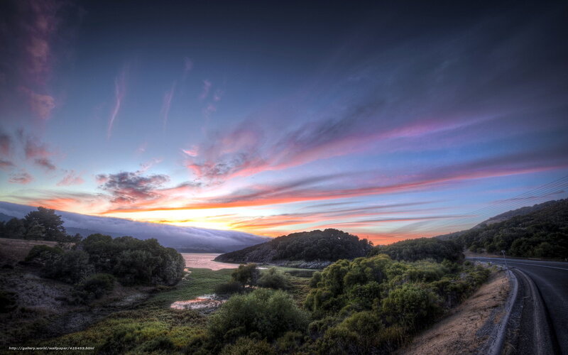 Sunset over Lake and Road — Purple, Dramatic