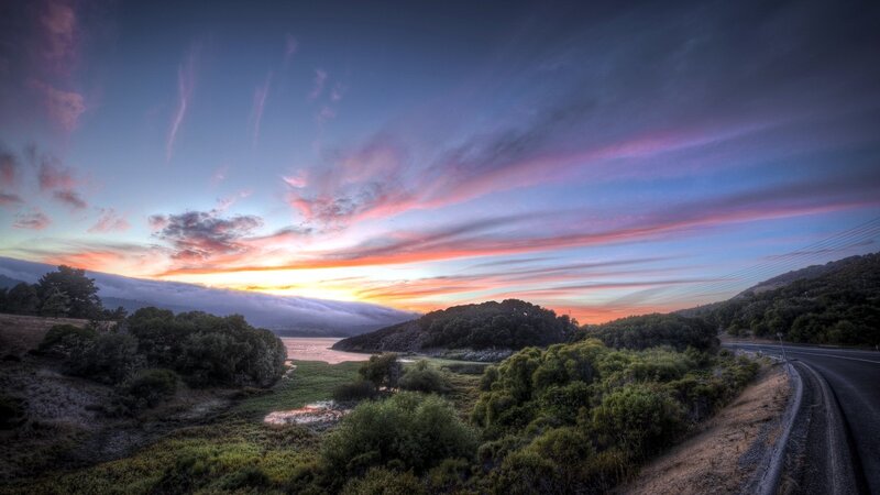 Sunset over Lake and Road — Purple