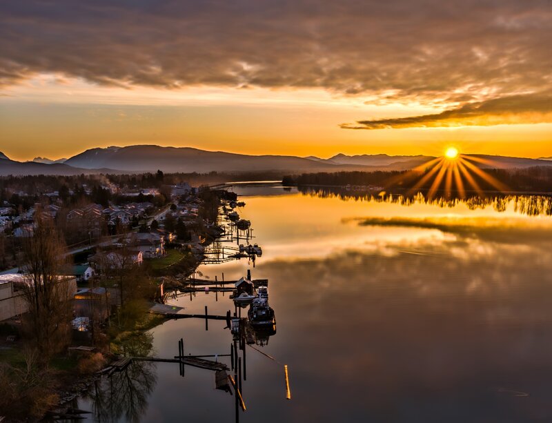 Sunset over Lake and Town — Orange
