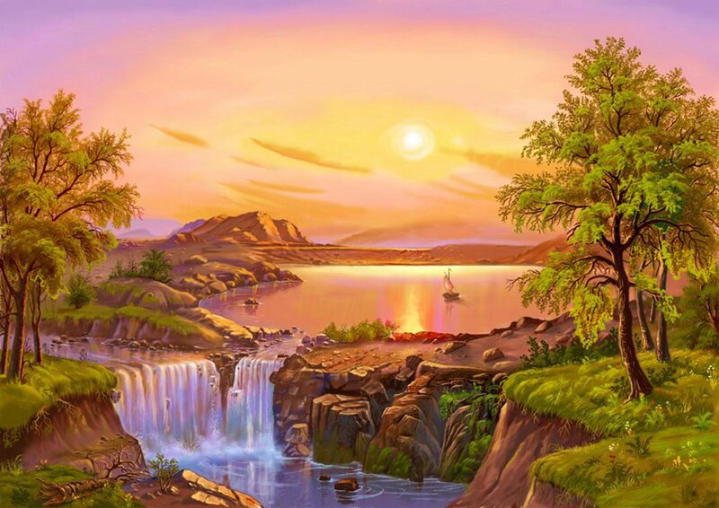Sunset over Lake and Waterfall — Purple