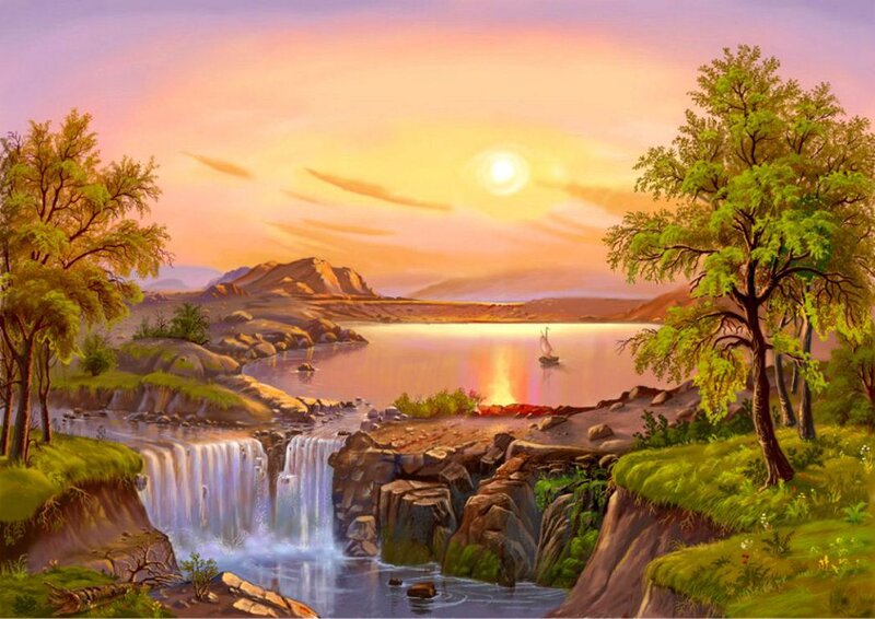 Sunset over Lake and Waterfall