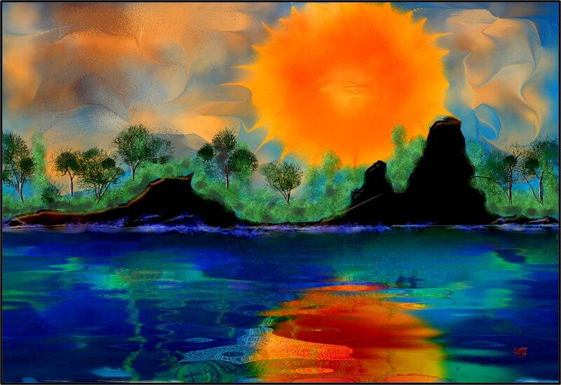 Sunset over Lake — Blue, Dramatic, Digital Art, Sun