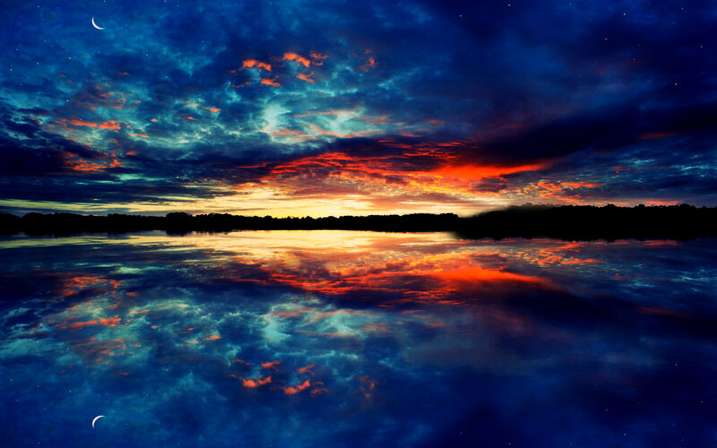 Sunset over Lake — Blue, Dramatic, Digital Art