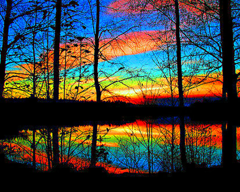 Sunset over Lake — Blue, Dramatic, Digital Art, Trees