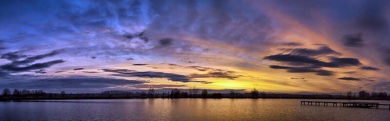 Sunset over Lake — Blue, Dramatic, Photograph, Clouds, Dock