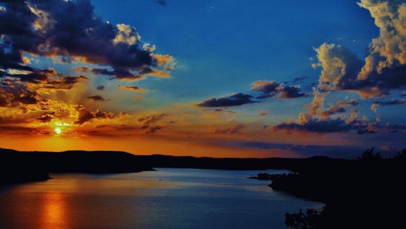 Sunset over Lake — Blue, Dramatic, Photograph, Clouds, Hills