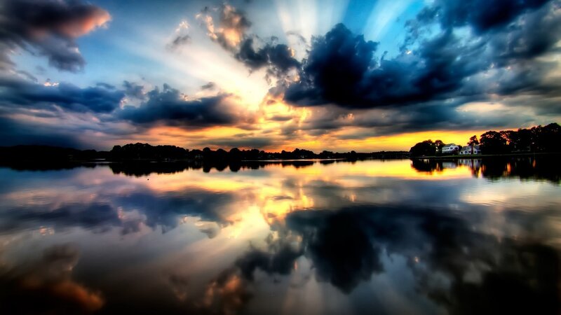 Sunset over Lake — Blue, Dramatic, Photograph, Clouds, House