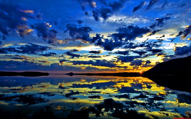Sunset over Lake — Blue, Dramatic, Photograph, Clouds, Mountain
