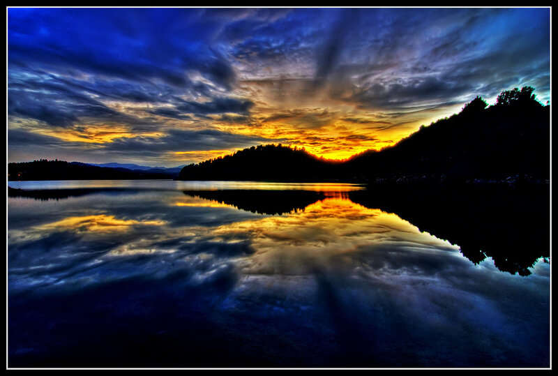 Sunset over Lake — Blue, Dramatic, Photograph, Clouds, Mountains