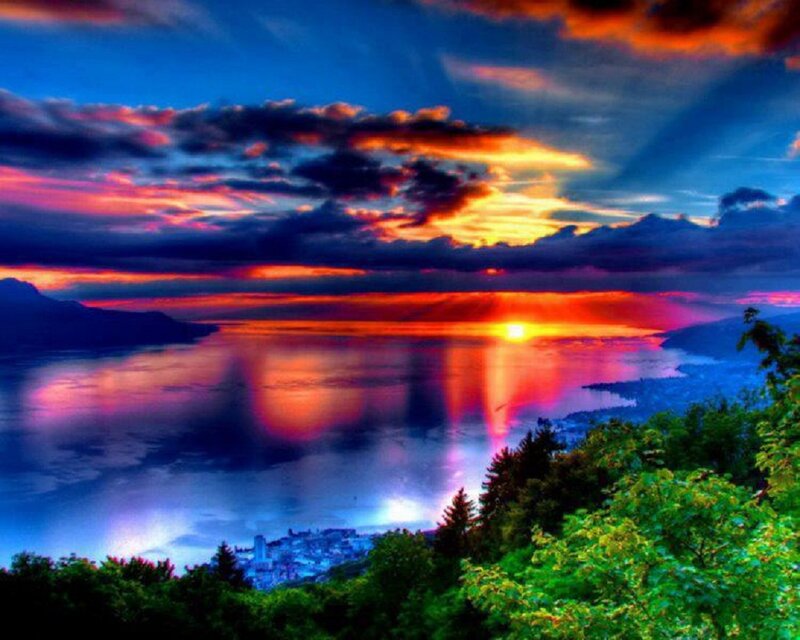 Sunset over Lake — Blue, Dramatic, Photograph, Clouds, Mountains, Trees