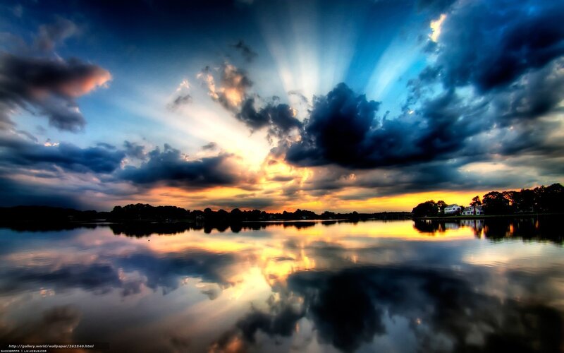 Sunset over Lake — Blue, Dramatic, Photograph, Clouds, Reflection, Houses