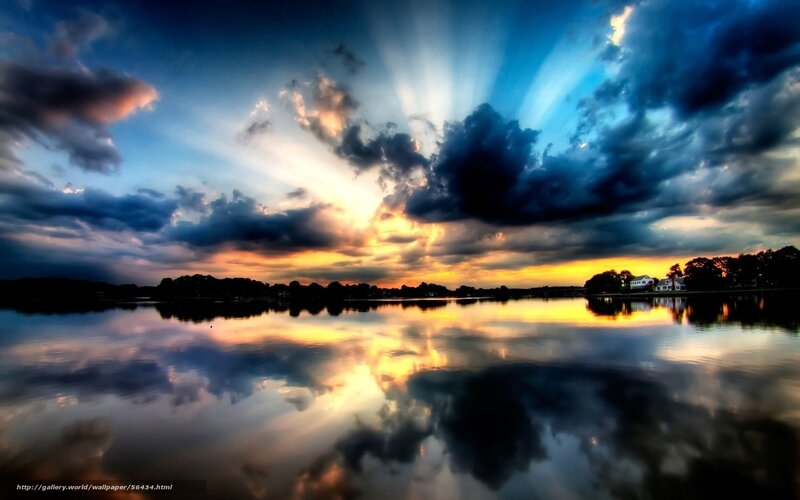 Sunset over Lake — Blue, Dramatic, Photograph, Clouds, Reflection