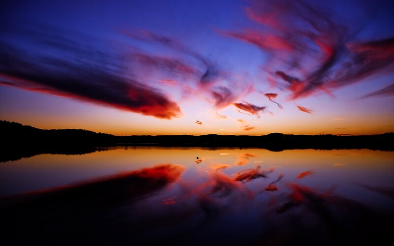 Sunset over Lake — Blue, Dramatic, Photograph, Clouds, Silhouette, Reflection