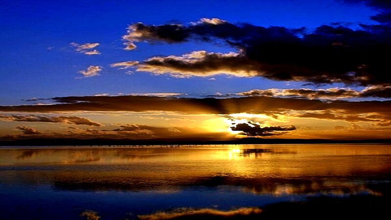 Sunset over Lake — Blue, Dramatic, Photograph, Clouds, Sun, Water