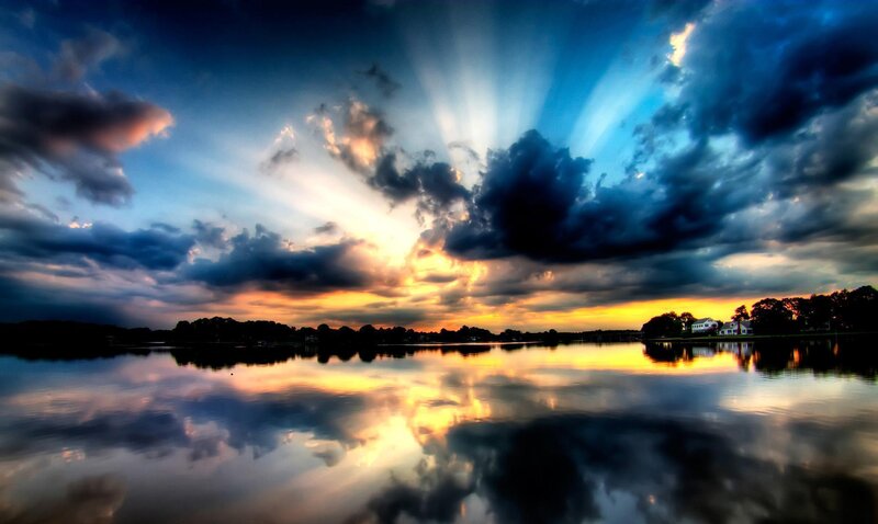 Sunset over Lake — Blue, Dramatic, Photograph, Clouds, Sunlight