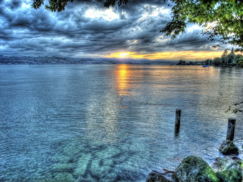 Sunset over Lake — Blue, Dramatic, Photograph, Clouds, Trees, Boat