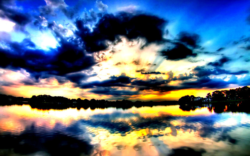 Sunset over Lake — Blue, Dramatic, Photograph, Clouds, Trees, Houses