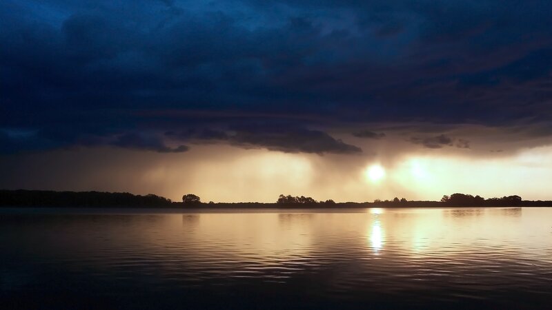 Sunset over Lake — Blue, Dramatic, Photograph, Clouds, Trees, Rain