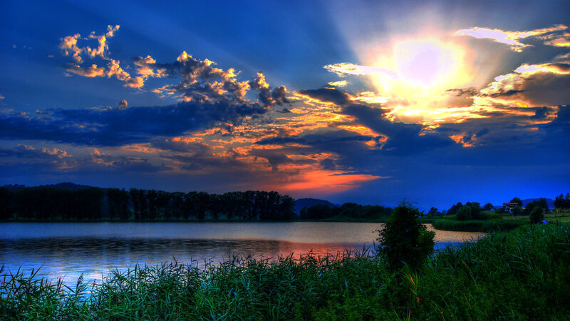 Sunset over Lake — Blue, Dramatic, Photograph, Clouds, Trees, Reeds