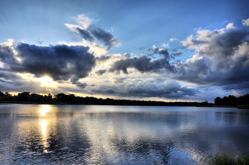 Sunset over Lake — Blue, Dramatic, Photograph, Clouds, Trees, Reflection, Yellow, Gray