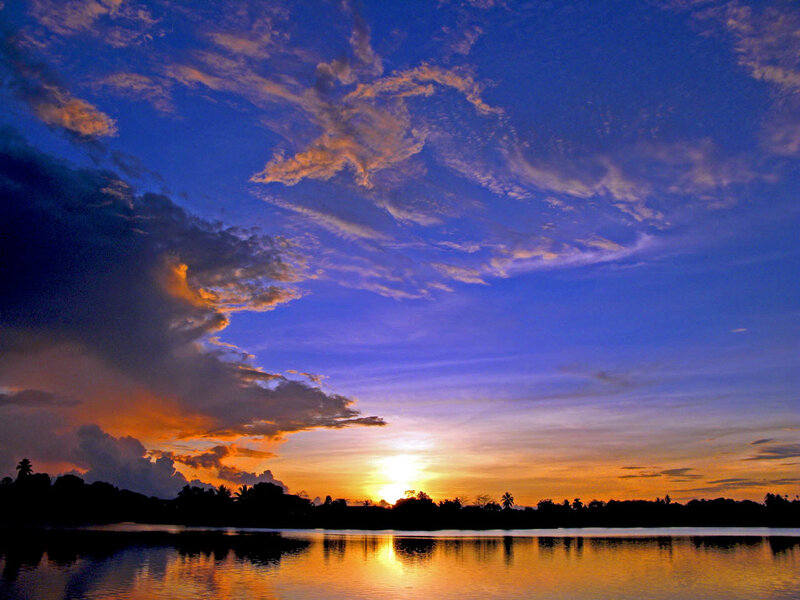Sunset over Lake — Blue, Dramatic, Photograph, Clouds, Trees, Sun