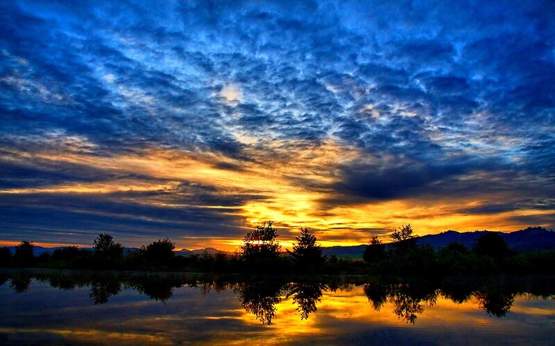 Sunset over Lake — Blue, Dramatic, Photograph, Clouds, Trees