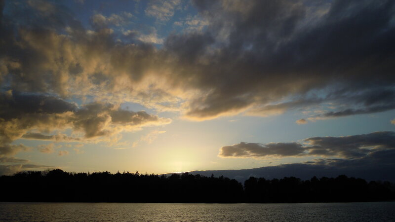 Sunset over Lake — Blue, Dramatic, Photograph, Clouds, Trees, Water