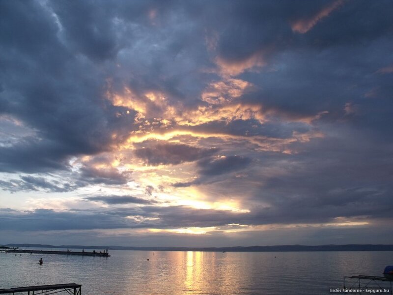 Sunset over Lake — Blue, Dramatic, Photograph, Clouds, Water, Dock