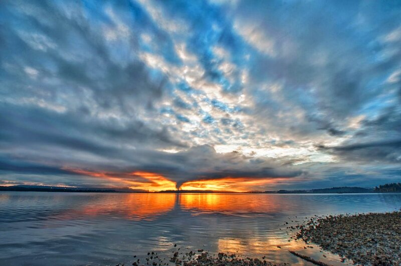 Sunset over Lake — Blue, Dramatic, Photograph, Clouds, Water, Shore