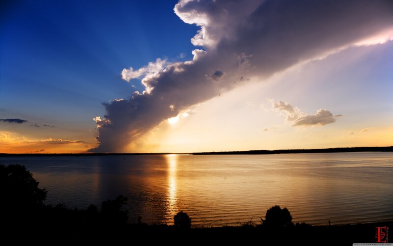 Sunset over Lake — Blue, Dramatic, Photograph, Clouds, Water, Trees