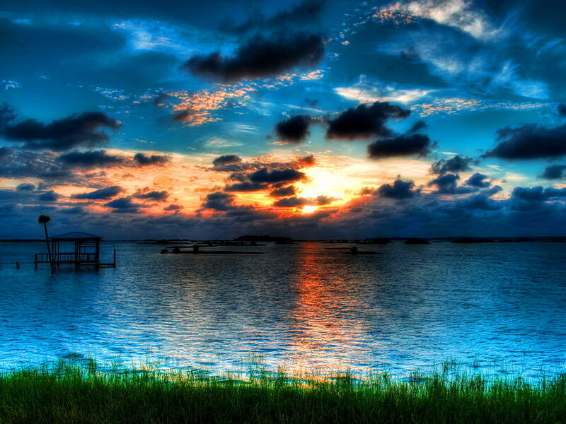 Sunset over Lake — Blue, Dramatic, Photograph, Dock