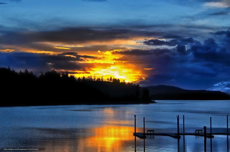 Sunset over Lake — Blue, Dramatic, Photograph, Dock, Trees