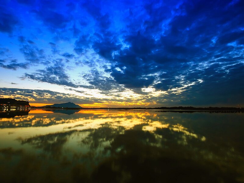 Sunset over Lake — Blue, Dramatic, Photograph, Mountain