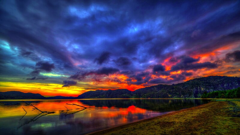 Sunset over Lake — Blue, Dramatic, Photograph, Mountains, Clouds, Driftwood